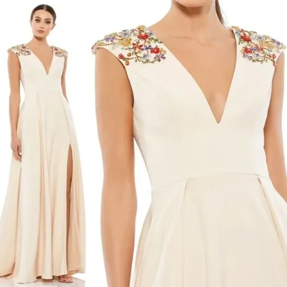 Mac Duggal 26540 Ieena Beaded Cap Sleeve V Neck A Line Gown Dress Cream Size 4 - Picture 1 of 16